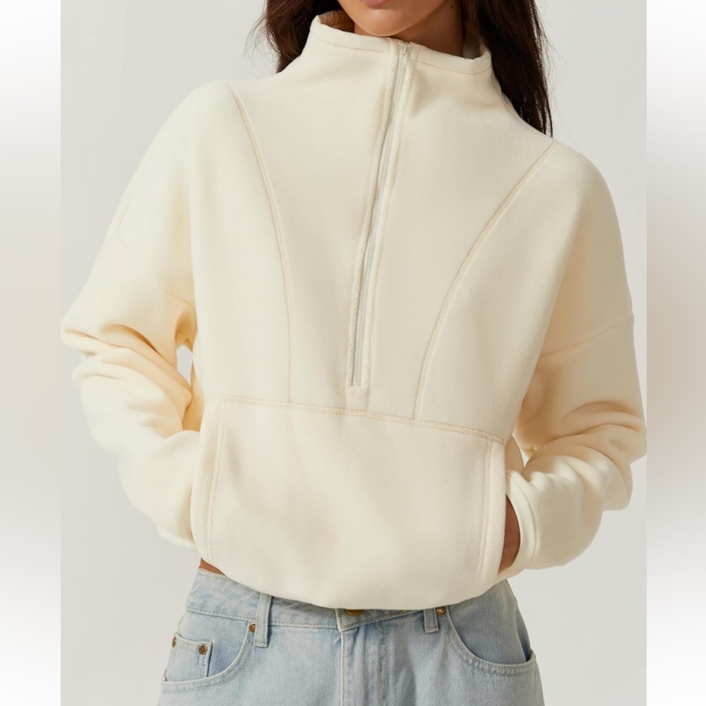 Qinsen Cream Half Zip Mick neck Fleece Sweatshirt M EUC